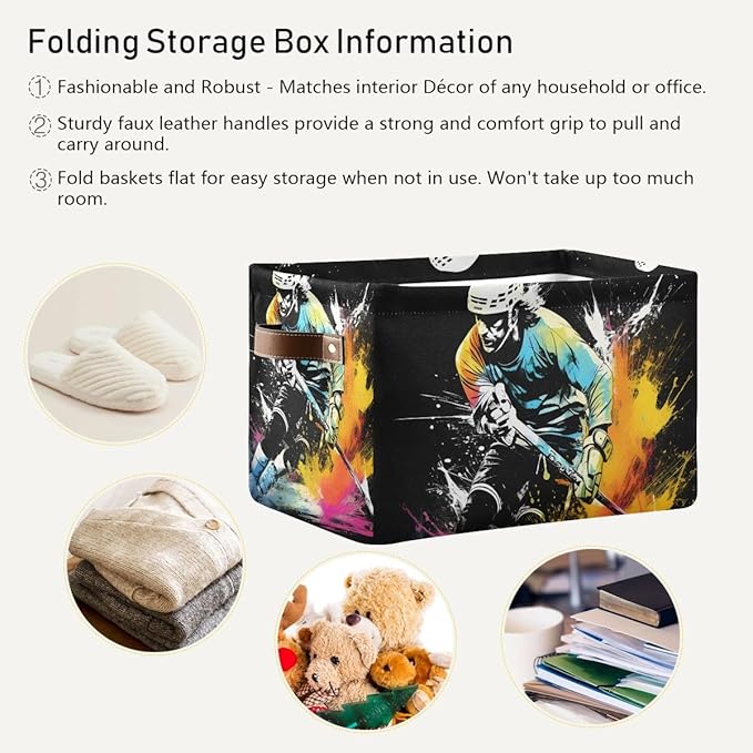 Storage Basket Abstract Running Ice Hockey Player Durable Canvas Collapsible Toy Box Organizer Bin with Handles for Shelf Closet Bedroom Home Office