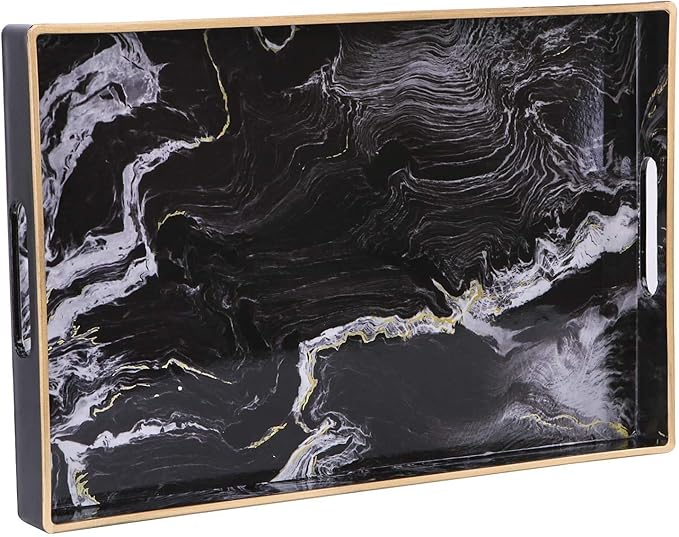 Zosenley Decorative Tray, Marbling Plastic Tray with Handles, Rectangular Vanity Tray and Serving Tray for Bathroom, Kitchen, Ottoman and Coffee Table, 15.6â x 10.2â, Black