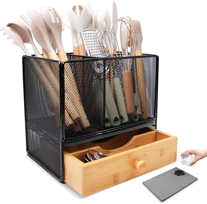 Kitchen Utensil Holder Countertop, Extra Large Utensil Organizer with Drawer, 2-In-1 Utensil & Silverware Holder for Countertop, Kitchen Organizer for Cookware Flatware, with Quick Dry Diatomite Pad