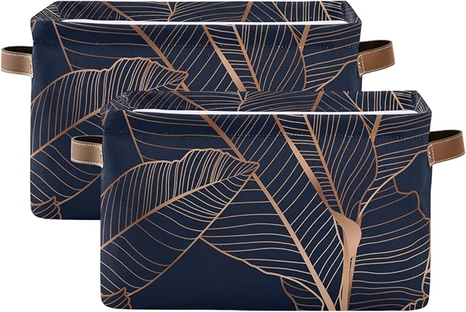 susiyo Gold Palm Leaves Navy Blue Closet Storage Bins with PU Handles, Foldable Fabric Storage Baskets for Shelves, Decorative Baskets Clothes Storage Baskets for Organizing-2Pack