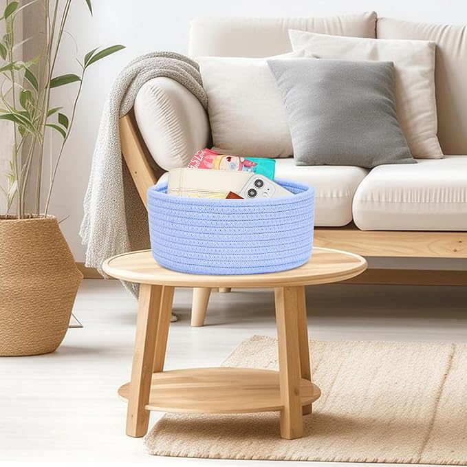 ABenkle Small Woven Basket, Empty Tiny Shallow Storage Basket, Mini Cotton Rope Baskets, Round Decorative Hamper, Basket Storage Bins for Toys, Spa, Socks, Nursery, Living Room
