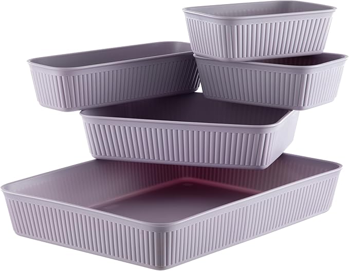 Superio Decorative Plastic Desk Drawer Organizer Tray, Lilac Purple (Set of 5) Open Home Storage Bins Organizer Baskets, for Organizing Closet Shelves Drawer Shelf - Ribbed Collection