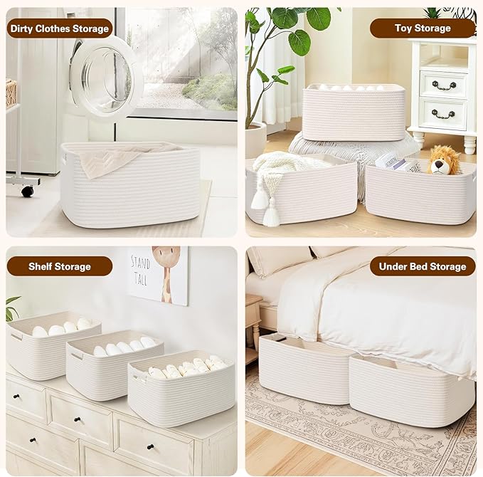 2 Pack Large Storage Basket for Organizing, 17"x12"x7.5" Woven Basket for Shelves, Closet Cube Storage Bins with Wrapped Handle, Cotton Rope Baskets for Kitchen, Clothes, Toys(Off White)