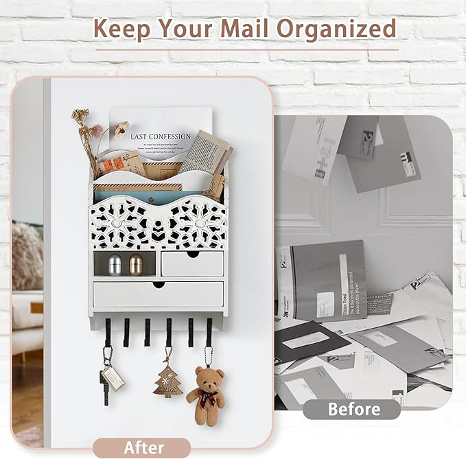 3-Slot Mail Sorter Organizer Wall Mount with 6 Hooks, Key Holder for Wall Decorative with 2 Drawer, Key Rack Hanger for Home Coat/Letter/Magazines/Dog Leash/Entryway/Room Decor