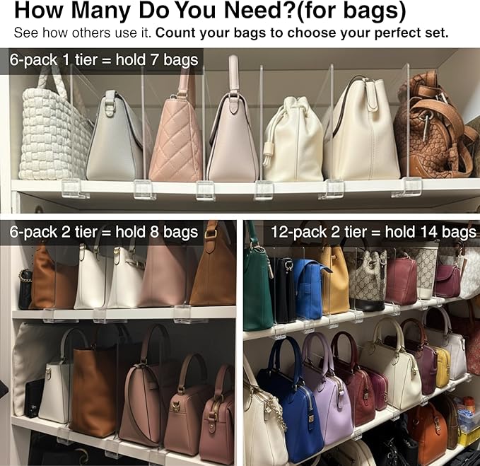 Shelf Dividers Purse Organizer for Closet: 6-inch Tall(Shorter Version) Acrylic Handbag Organizer - Small Space Separator for Clutches Evening Bags Pouches Mini-Bags on Wood Shelves 4-Pack