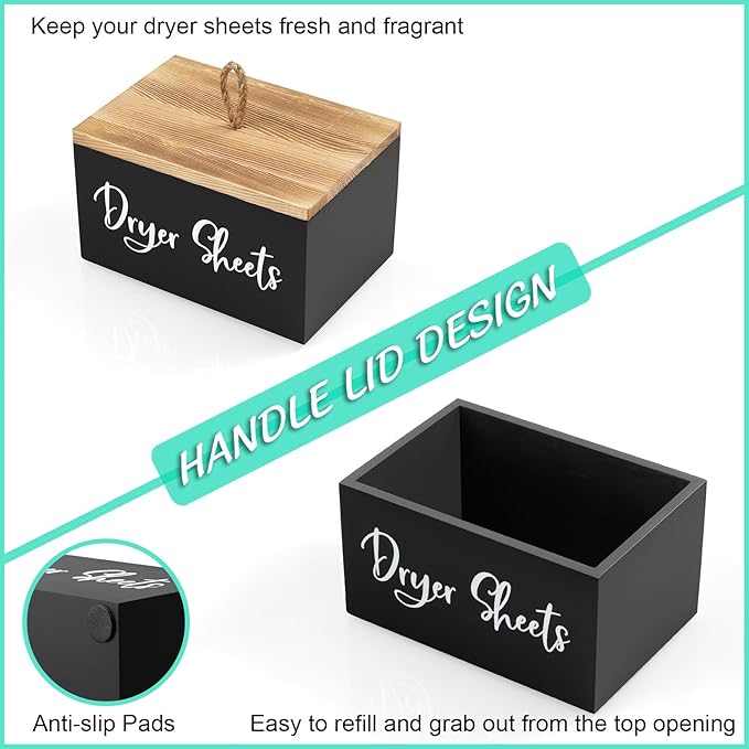 Dryer Sheet Holder, Wooden Laundry Sheets Container, Laundry Room Organization and Storage for Farmhouse Laundry Room Decor and Accessories, Fabric Sheet Holder, Black