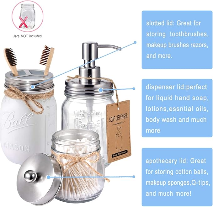Mason Jar Bathroom Accessories Lids Set(4pcs) -Jars Not Included -Soap Dispenser,Toothbrush Holder,and Apothecary Jars Lids for Regular Mouth Mason Jars -Rustic Farmhouse Decor, Brushed Nickel