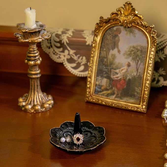 HOMEGOAL Ceramic Ring Holder Dish for Jewelry, Decorative Mandala Jewelry Tray for Rings Earrings Necklaces Watch Keys, Aesthetic Room Decor, Birthday Engagement Wedding Gifts for Women (Black)