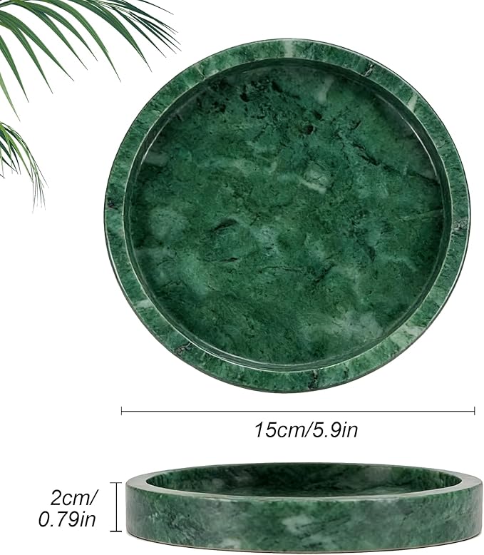 Natural Marble Tray, Round Green Tray for Bedroom/Bathroom/Kitchen/Vanity Countertop, Jewelry Tray for Rings Earrings Necklace Bracelet Watch, Room Decor Aesthetic