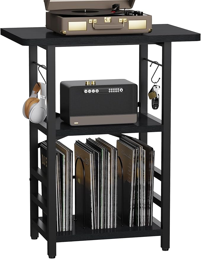 Record Player Stand with Extended Desktop,Large Record Player Table with Vinyl Storage,Turntable Stand with Record Holder Vinyls Display Shelf for Music Room Studio,Modern Black