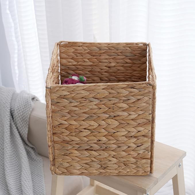 Foldable Wicker Storage Baskets 4-Pack, 11.2 Inch Collapsible Woven Cube Organizer Bins, Hyacinth Storage Baskets for Home, Shelf, Closet, Office Organization