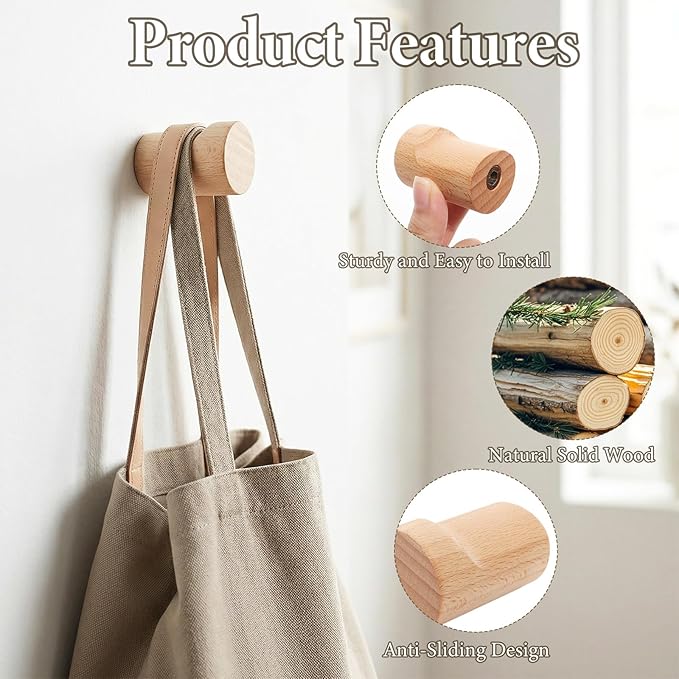 4Pcs Natural Wooden Wall Hooks Solid Wood Hangers Hooks Rustic Wooden Coat Hat Hooks for Entryway Bathroom Wall