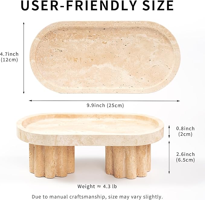 Travertine Marble Perfume Tray - Oval Decorative Stone Pedestal with Scalloped Legs for Bathroom Vanity Coffee Table Kitchen Countertop, Footed Jewelry Holders Organizers