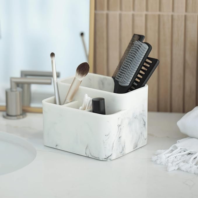 Essentra Home White Marble Toothbrush Holder and Bathroom Organizer – Keeps Your Bathroom Counter Organized and in Style.
