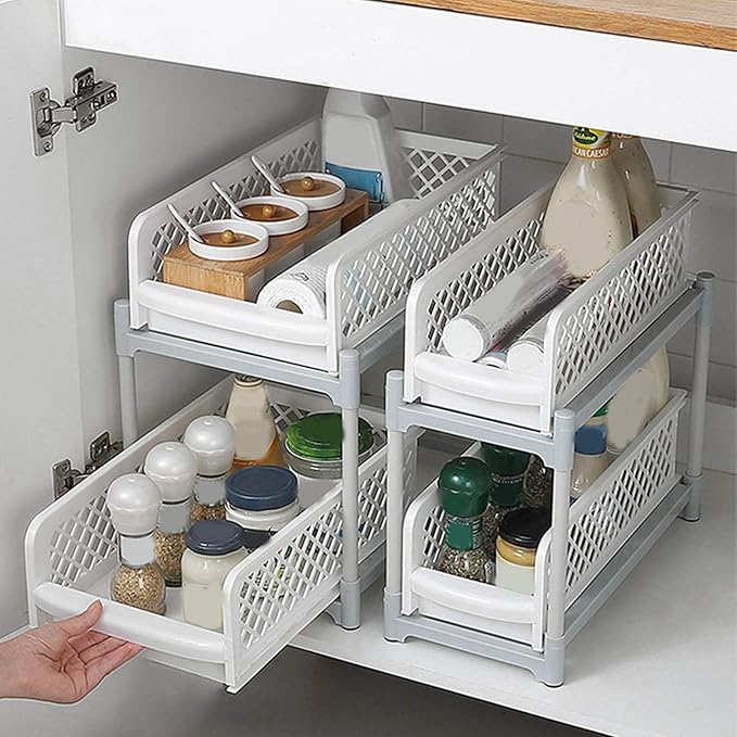 2 - Layer Bathroom Sliding Basket Storage Cabinet Organizer, White Bathroom Shelf with Pull Out Drawers, Space Saving Storage Rack for Kitchen Bathroom Office, Sturdy PP ABS Materi