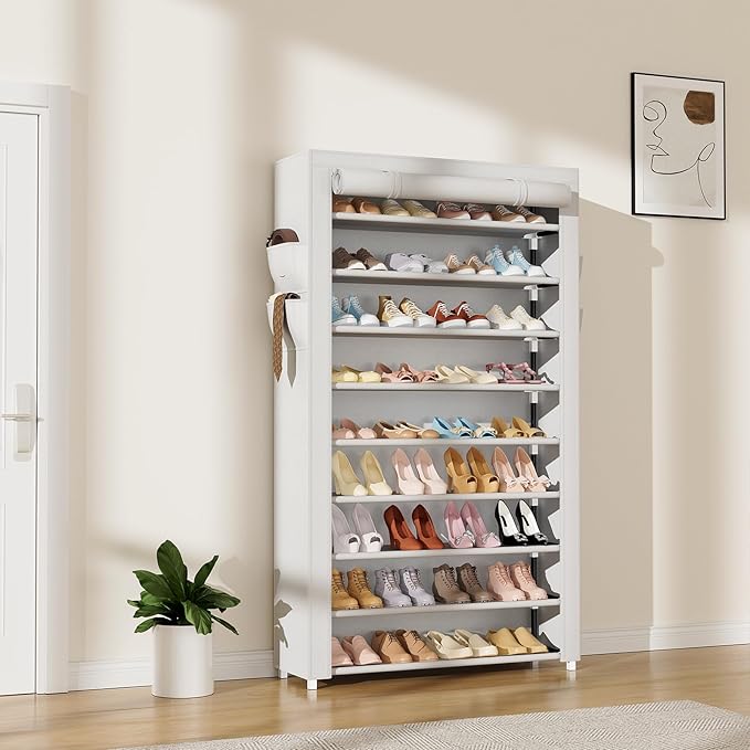 Shoe Rack with Covers 10 Tier Tall Shoe Rack Organizer Large Capacity Shoe Shelf Storage 40 Pairs Space Saving Free Standing Shoe Storage Organizer for Closet, Entryway, Dorm, White