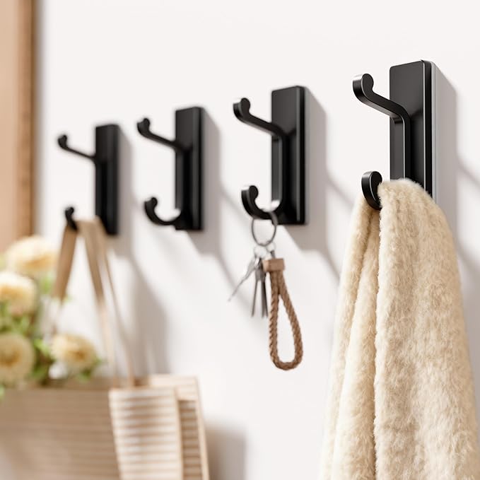 Self Adhesive Wall Hooks Black, Sticky Hangers Wall Mount, Holds 13Lbs for Clothes, Towel, Robes, Keys, Double Hooks for Bathroom, Bedroom and Door, 4 Pack.