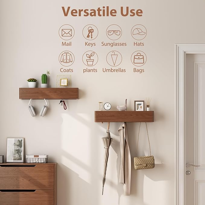 Solid Wood Wall Mounted Coat Rack with Shelf Hooks - Modern Floating Shelves with 5 Hidden Hooks, Heavy Duty Entryway Coat Key Holder Hanger for Hallway Bathroom Bedroom Home Decor
