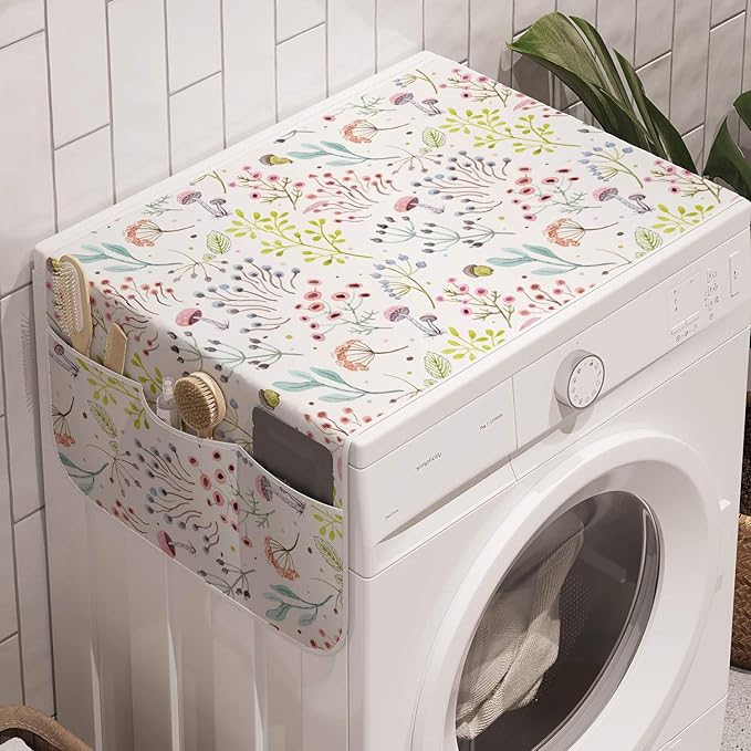 Ambesonne Colorful Washing Machine Organizer Pack of 2, Pastel Toned Watercolor Arrangement with Mushrooms and Wildflowers Dotted Design, Anti-Slip Cover for Washers Dryers, 47" x 18.5", Green Pink