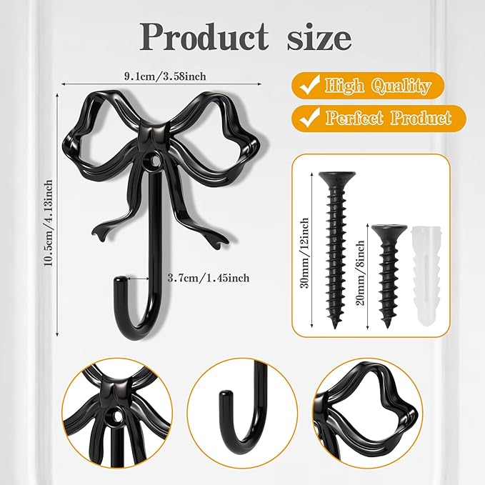 2 PCS Large Size Black Bow Wall Hook, Black Coat Hook, Metal Hooks, Bow Room Decor Hooks for Coats, Coffee Mugs, Hats, Bags, Bath Towels and Room Decorations