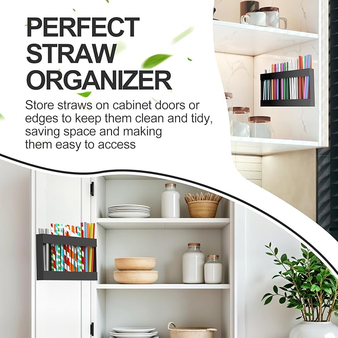 2 Pack 9.5” Large Acrylic Straw Holder for Cabinet Door with Detachable Ultra Sticky Adhesive Squares and Stickers, 2026 Reusable Straws Organizer Storage Dispenser for Kitchen Counter Cupboard