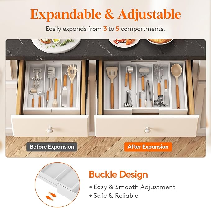 Lifewit Utensil Organizer for Kitchen Drawer, Expandable Cooking Utensil Tray, Cutlery Silverware Flatware Holder, Wood Adjustable Spatula Tools Storage Divider, 13-22x15/ 33-56x38cm, White