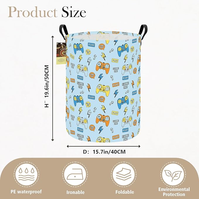 HUNRUNG Laundry Hamper,Large Canvas Fabric Lightweight Storage Basket Toy Organizer Dirty Clothes Collapsible Waterproof for College Dormsï¼Round-Color Gameï¼
