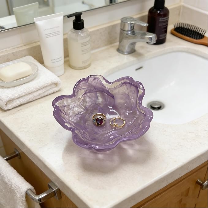 Flower Ring Dish Jewelry Tray, Glass Jewelry Dish Tray, Aesthetic Room Decor Small Trinket Dish, Nightstand Ring Holder Dish, Bathroom Jewelry Plate Bowl for Earrings (Watercolor Violet Purple)