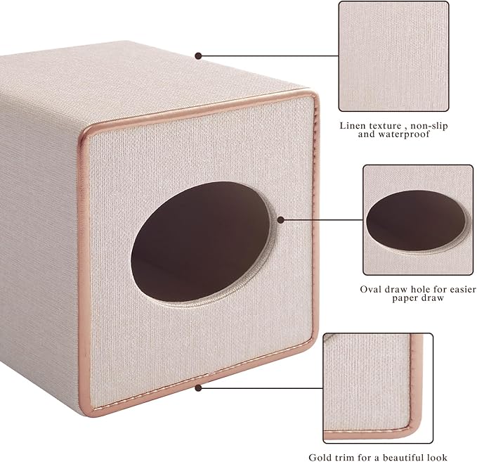 Linen Square Tissue Box Cover,Cube Tissue Box Holderï¼Excellent Rosegold Leather Decoration,Table Napkin Case Dispenser,Facial Tissues Organizer with Magnetic Bottom for Home Office Car(Beige)