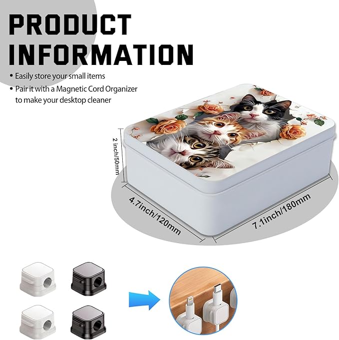 Metal Tin Box with Lid for Game Cards Home Organizer Candles Keys Crafts Storage - Equipped with 4 Magnetic Cord Clips，Cute Cats and Roses