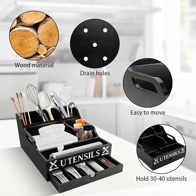 Kitchen Utensil Holder with Drawer, Farmhouse Spatula Organizer for Countertop,Large Capacity Flatware Spoon Forks Knives Cooking Tool Cutlery Holder for Party Picnic BBQ with 11 Compartments(Black)