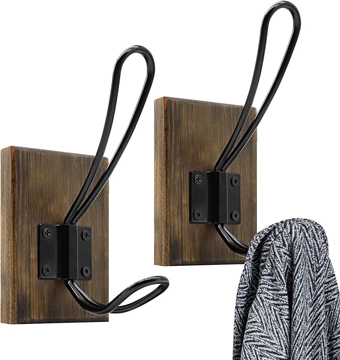 Wall Hooks for Hanging,Coat Hooks,Hat Hangers for Wall,2 Pack Adhesive Towel Hooks for Bathroom,Wood Coat Rack for Robe Keys Backpack Purse(Weathered Brown)