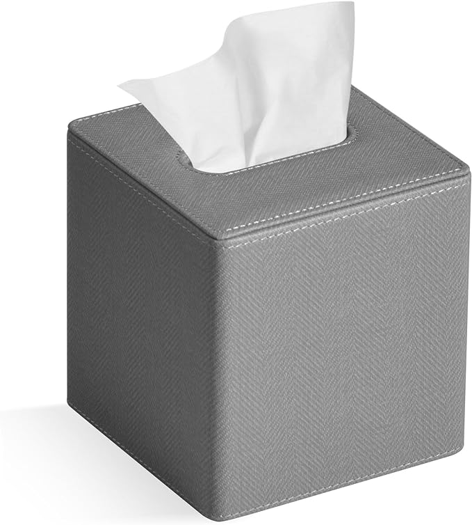 Tissue Box Cover Square PU Leather Facial Tissue Box Holder for Dresser Bathroom Decor (Linen Grey)