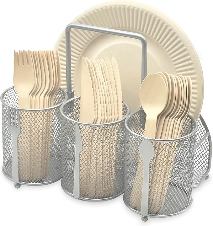 Utensil Caddy Silverware Holder - 4 Compartment Metal Mesh Cutlery Fork Spoon Napkin Plate Organizer Flatware Storage Basket Party Kitchen Countertop Buffet Picnic Camping Outdoor BBQ Silver