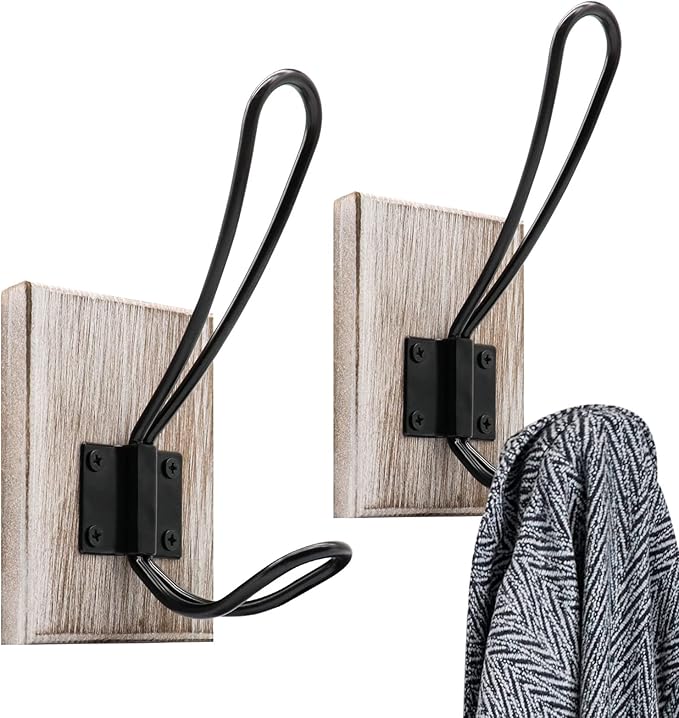 Wall Hooks for Hanging,Coat Hooks,Hat Hangers for Wall,2 Pack Adhesive Towel Hooks for Bathroom,Wood Coat Rack for Robe Keys Purse(Weathered White)