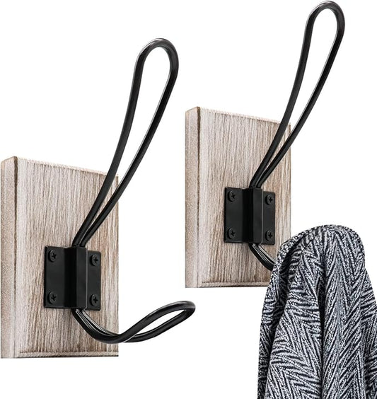 Wall Hooks for Hanging,Coat Hooks,Hat Hangers for Wall,2 Pack Adhesive Towel Hooks for Bathroom,Wood Coat Rack for Robe Keys Purse(Weathered White)
