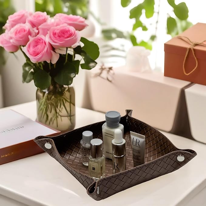 UnionBasic Small Valet Tray, Jewelry Tray for Rings Watches Earrings, Entryway Catchall Caddy for Coins Keys Change, Nightstand Bedside Valet Holder, Trays for Electronic Gadgets, Woven Coffee