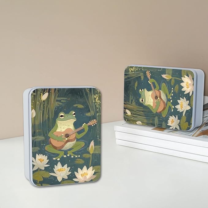 Metal Tin Box with Lid,Multi-functional Storage Box Can Store Tea Biscuits Game Cards, Playing & Tarot Cards-Comes with 4 Magnetic Cord Clips,Frog Playing Guitar