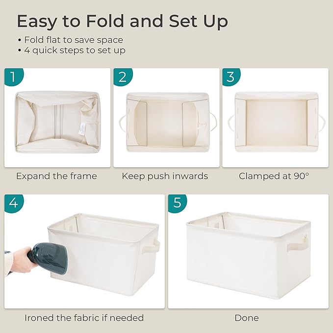 Storage Basket Bins with Metal Frame, Large Collapsible Fabric Storage Baskets for Organizing Shelf, Basket Organizer W/Handles for Blankets, Towels, Laundry, Shelves, 5-Pack, Beige