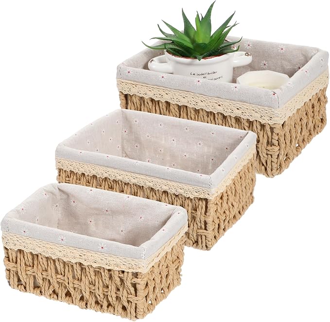 3 Pcs Storage Basket With Liner, Wicker Decorative Basket for coffee table, RectangleTray,Bathroom Countertop Organizer, rectangle Kitchen Drawer Organizer Storage (3 Sizes)