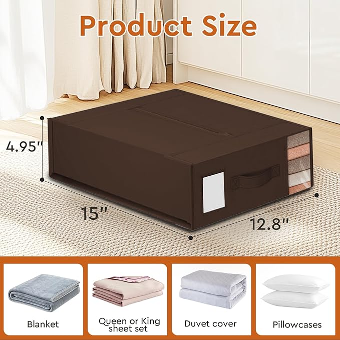 2 Pack Bed Sheet Closet Organizers and Storage,Sturdy Foldable Storage Containers with Window and Label,Storage and Organization for Bedding Sheets,Duvet Covers,Blankets (Brown)