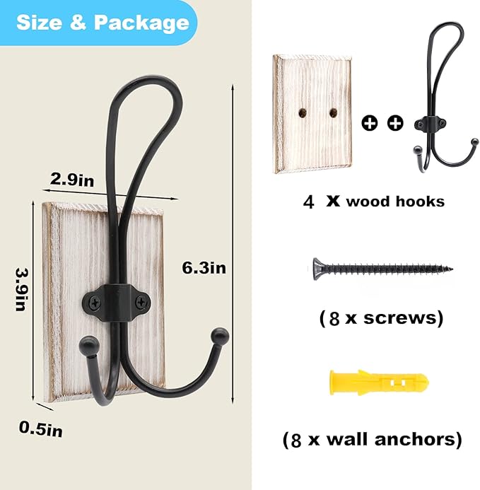 Wall Hooks for Hanging, 4 Pack Farmhouse Towel Hooks for Bathrooms, Hat Hangers,Coat Hooks,Wall Coat Rack for Robe Keys Purse(Weathered White)
