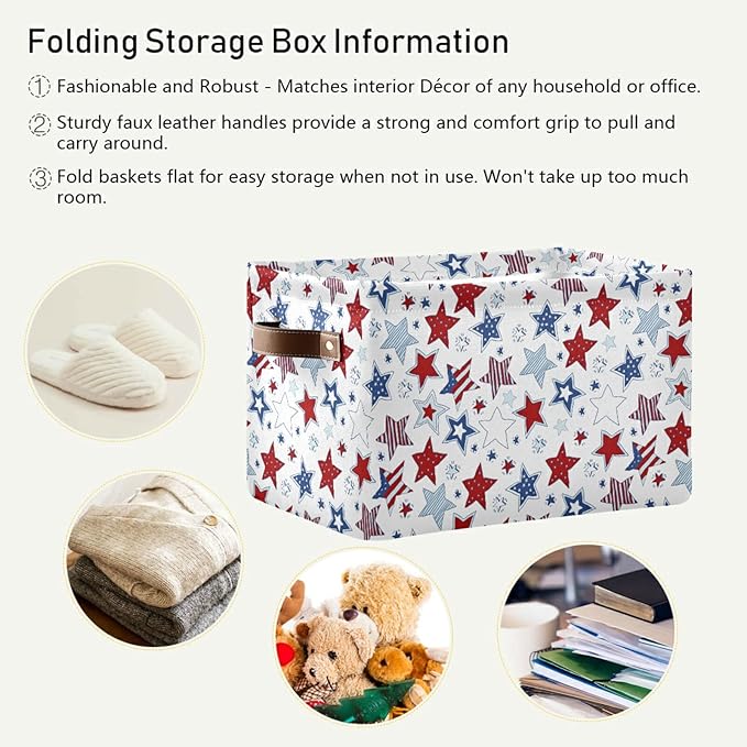 Bolaz Large Storage Basket White American Flag Usa Stars Foldable Storage Box Organizer Bins with Handles for Bedroom Home Office