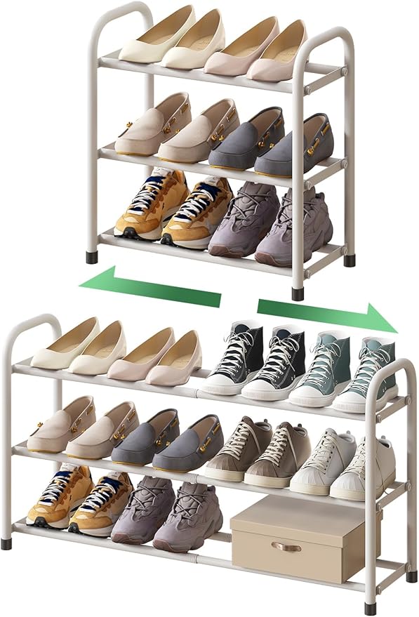 White Shoe Rack for Closet, 3-Tier Expandable Shoe Organizer for Closet, Metal Adjustable Black Shoe Shelf Storage Organizer, Free Standing Shoe Rack for Entryway Doorway