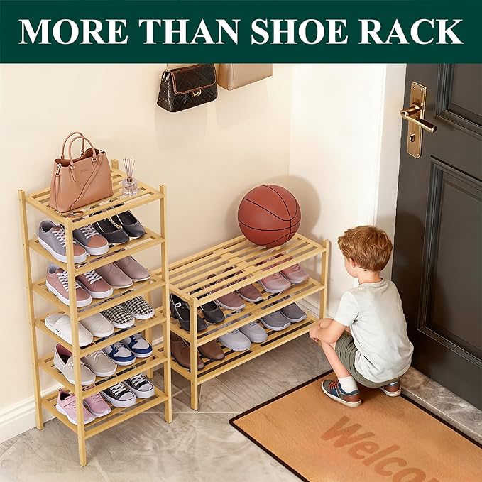 Smiry Bamboo Shoe Rack 6-Tier, Stackable Wooden Shoe Organizer for Entryway & Closet, Free Standing Wood Shoe Storage Shelf for Front Door & Small Spaces, Natural