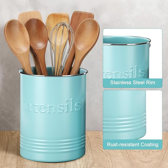 2 Pack Kitchen Utensil Holder for Counter 6.7"+4.7" Farmhouse Cooking Utensil Crock with Cork Bottom Modern Farmhouse Decors Countertop Storage Organizer Caddy Housewarming Gift(Turquoise)