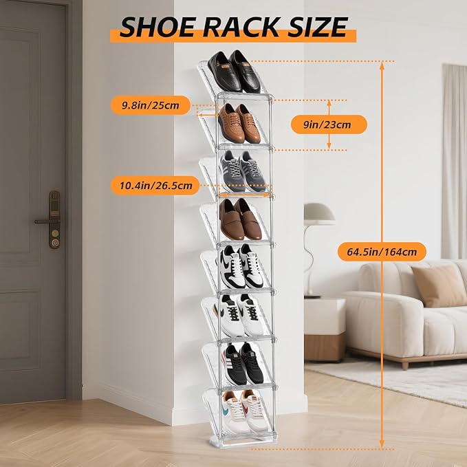 Vertical Shoe Rack 8 Tiers Narrow Clear Sneaker Storage Holder Luxurious Slim Tall Organizer Space Saving Shelf for Entryway Garage 10.4" W x 64.5" H x 9.8" D (Transparent)