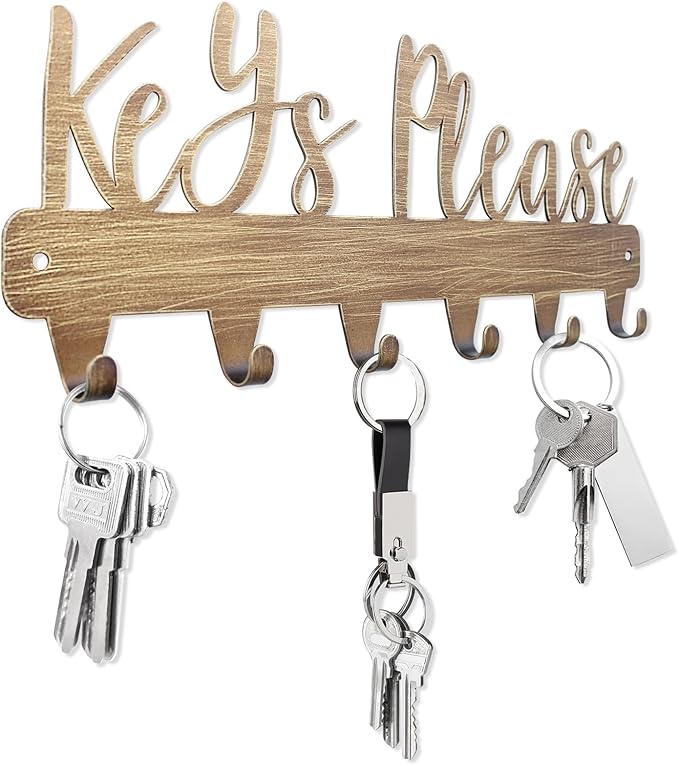 Keys Please Key Holder Wall Mounted,Key Hooks on Wall,Antique Gold Metal Decorative Key Organizer Rack Hooks Holder for Hallway,Entryway,Front Door,Office(Antique Gold:11 x 4.25 inch)
