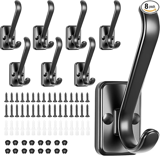 Coat Hooks Wall Mount Heavy Duty - Metal Towel Hooks With Concealed Screw Design Matte Black Wall Hooks for Hanging Towel, Key, Robe, Scarf, Garage Entryway Closet Mudroom Bathroom (8, Black)