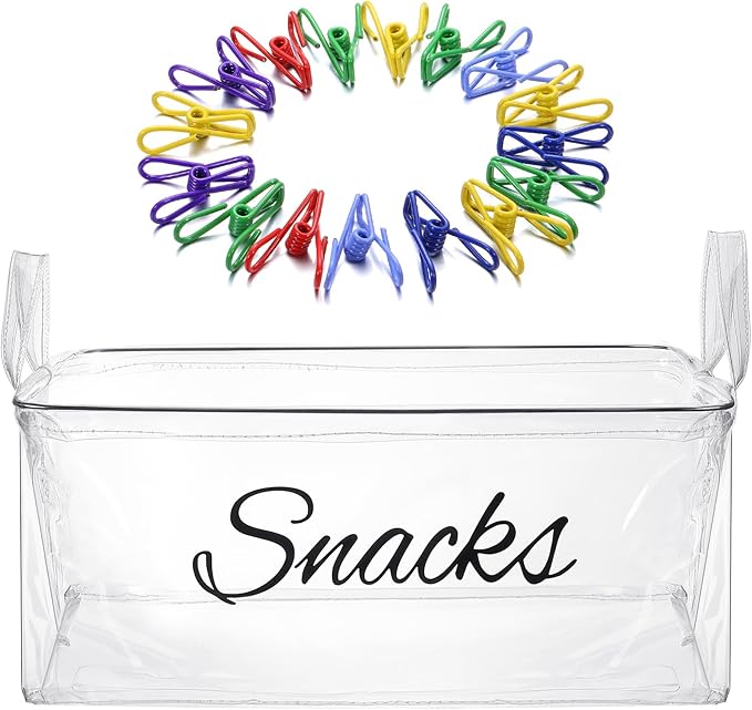 17 Pcs Snack Basket Sets, Snack Storage Bin for Pantry Shelves with 16 Pcs 2 Inch Chip Clips, Basket Organizer for Kitchen Home, Chips, Popcorn, Candy, Pretzels (PVC,Clear)